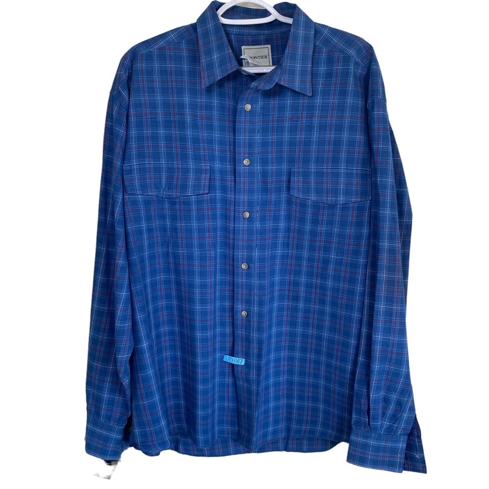 Frontier men's long sleeve collared button down shirt XL blue red white stripes